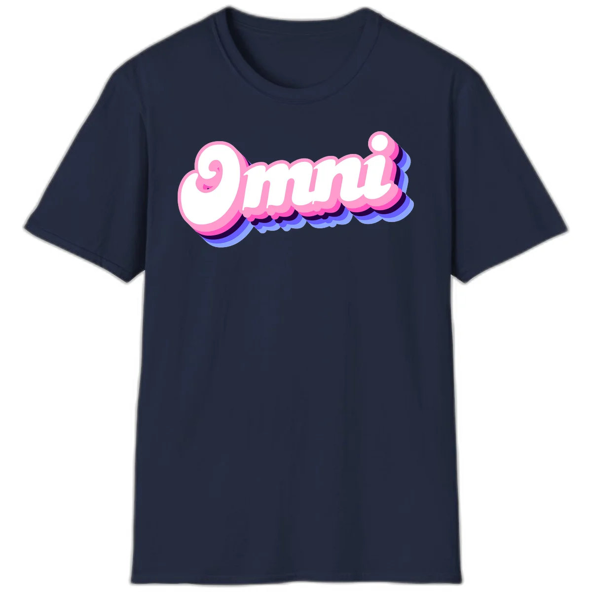 Bold pink 3D bubble text spelling 'OMG' with purple and blue dimensional shadow layering effects in Navy