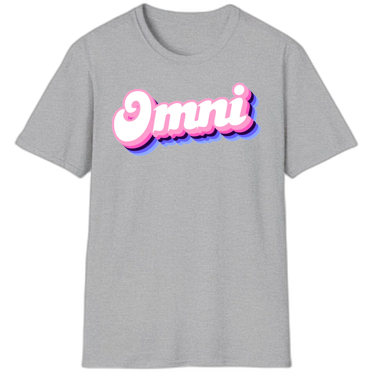 Bold pink 3D bubble text spelling 'OMG' with purple and blue dimensional shadow layering effects in Sport Grey