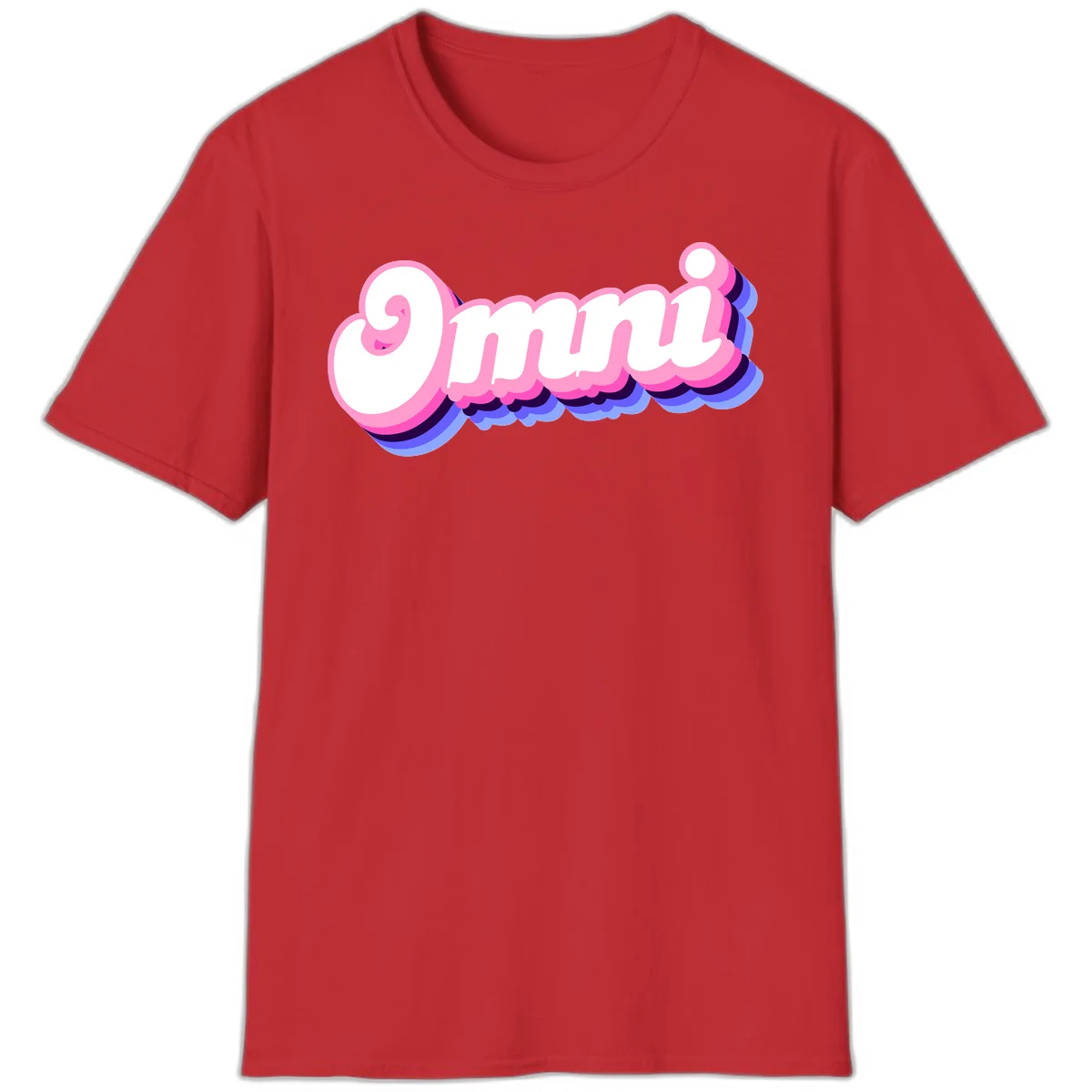 Bold pink 3D bubble text spelling 'OMG' with purple and blue dimensional shadow layering effects in Red