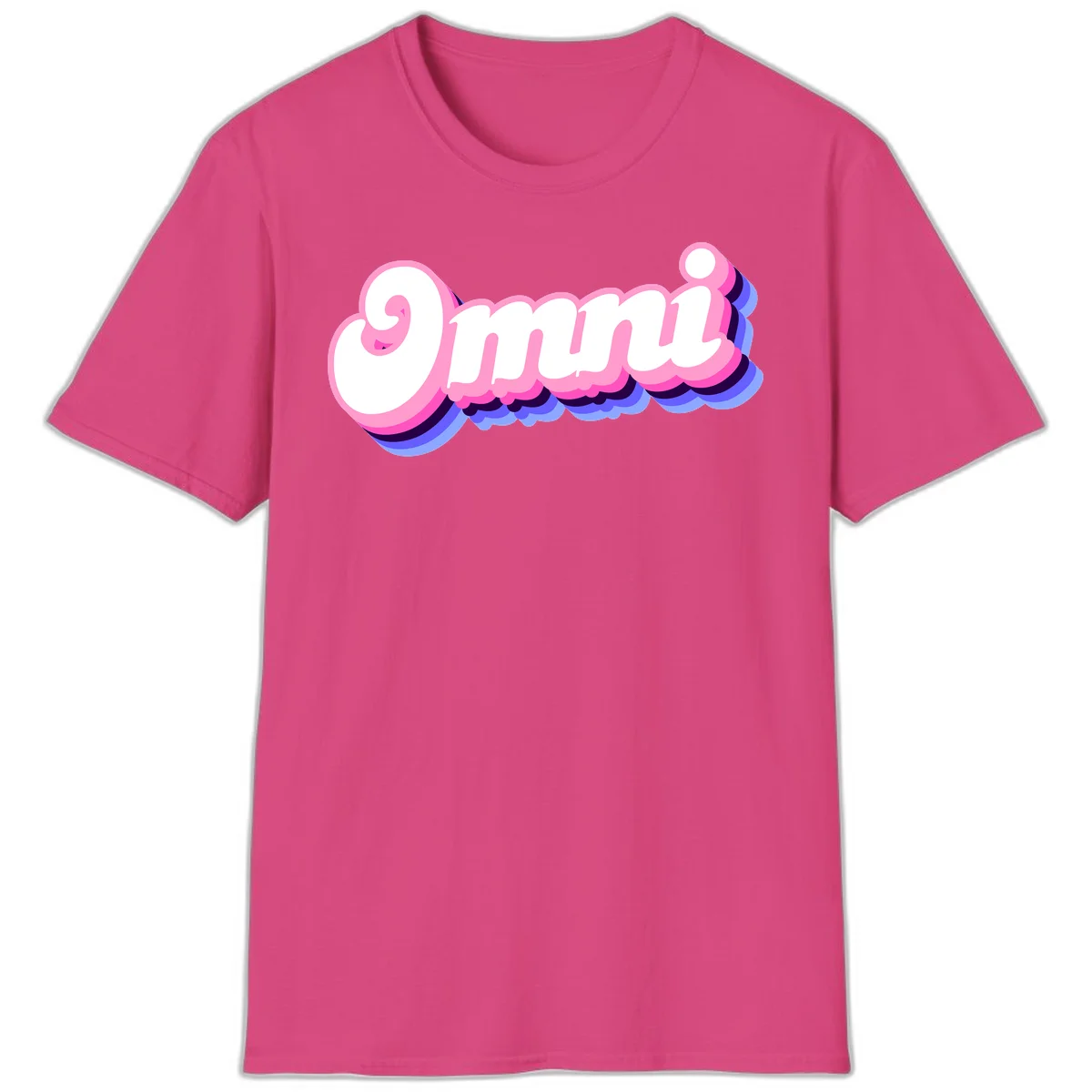 Bold pink 3D bubble text spelling 'OMG' with purple and blue dimensional shadow layering effects in Heliconia
