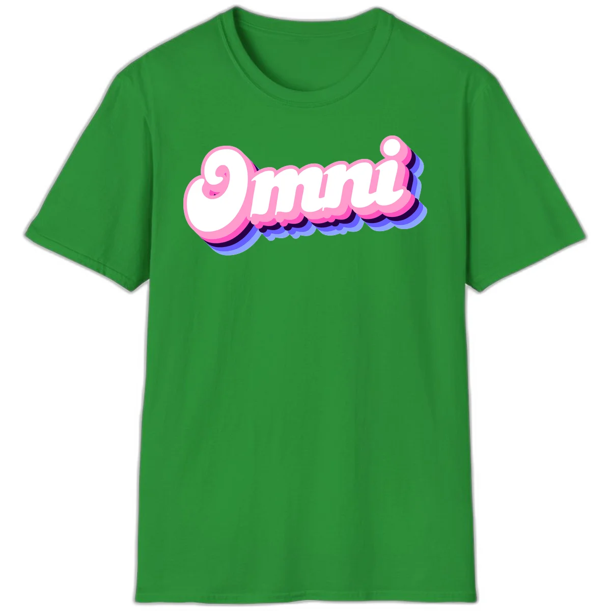 Bold pink 3D bubble text spelling 'OMG' with purple and blue dimensional shadow layering effects in Irish Green