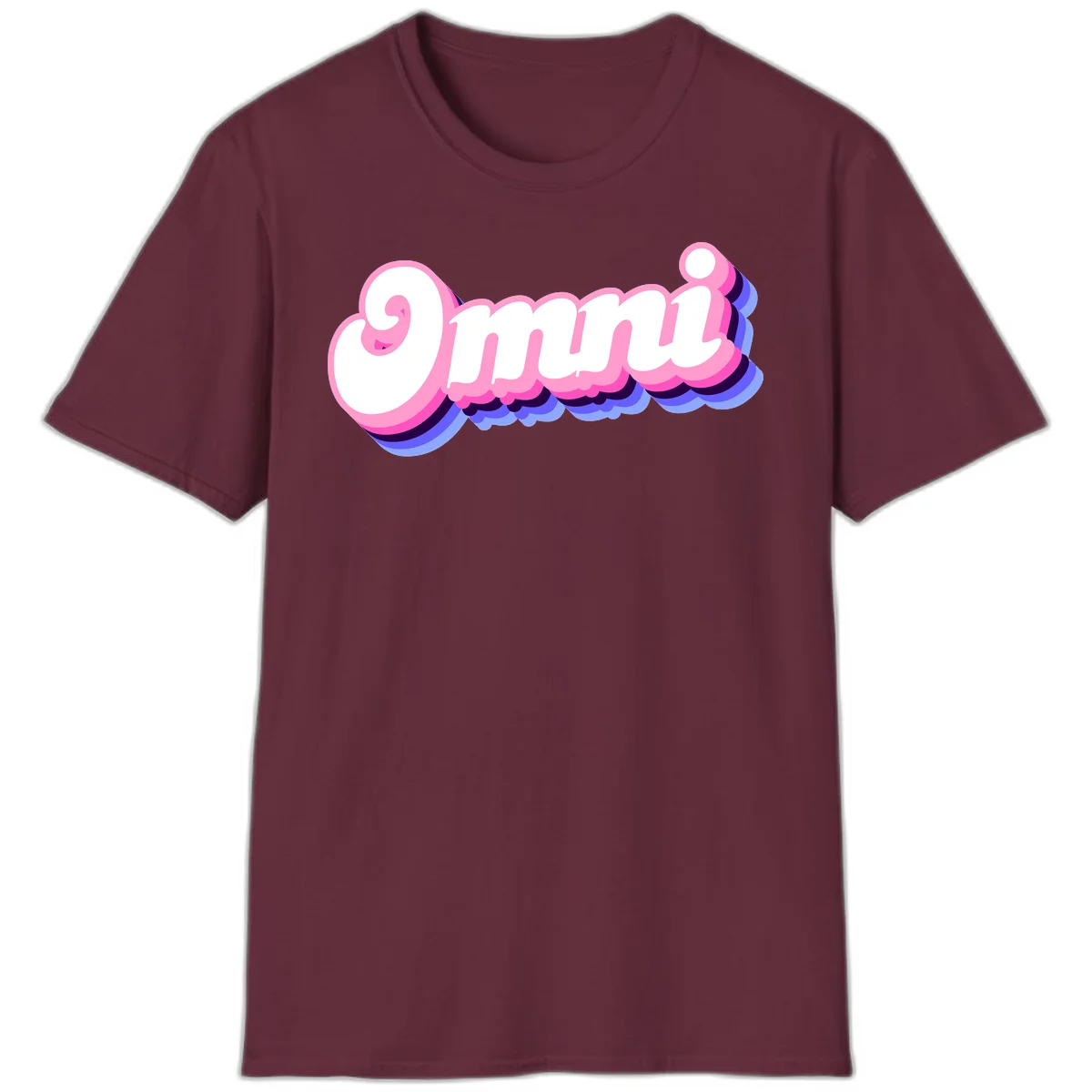 Bold pink 3D bubble text spelling 'OMG' with purple and blue dimensional shadow layering effects in Maroon