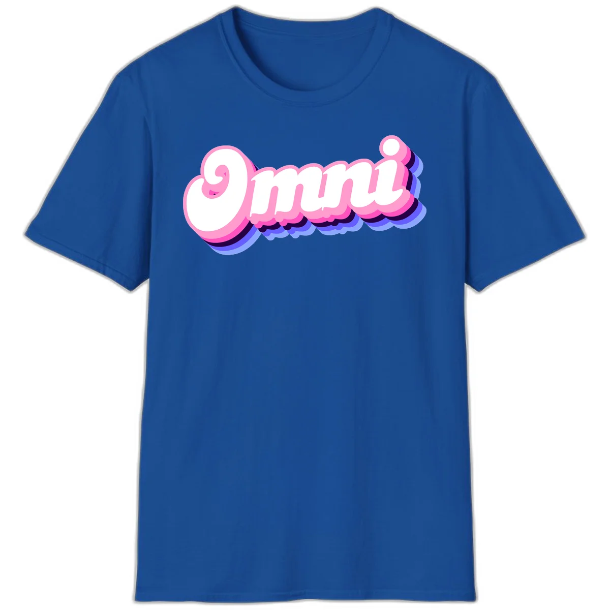 Bold pink 3D bubble text spelling 'OMG' with purple and blue dimensional shadow layering effects in Royal