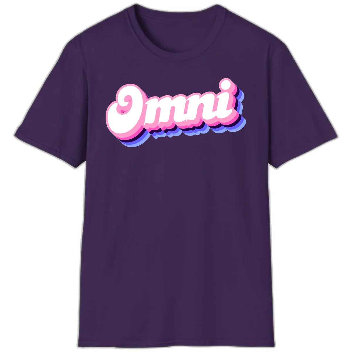 Bold pink 3D bubble text spelling 'OMG' with purple and blue dimensional shadow layering effects in Purple