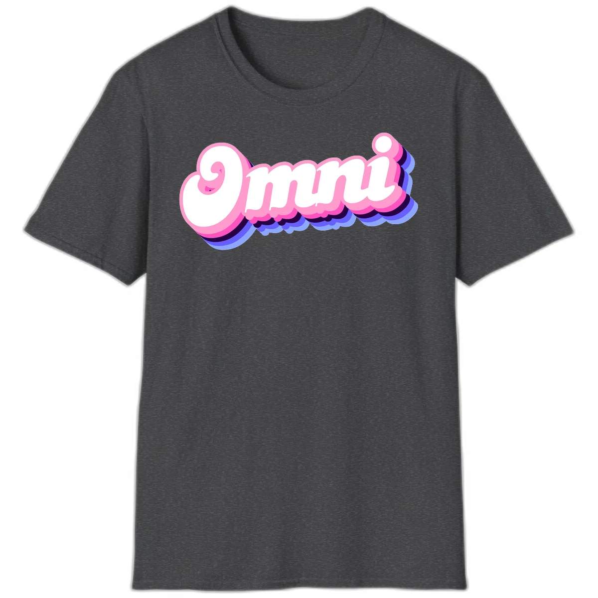 Bold pink 3D bubble text spelling 'OMG' with purple and blue dimensional shadow layering effects in Dark Heather