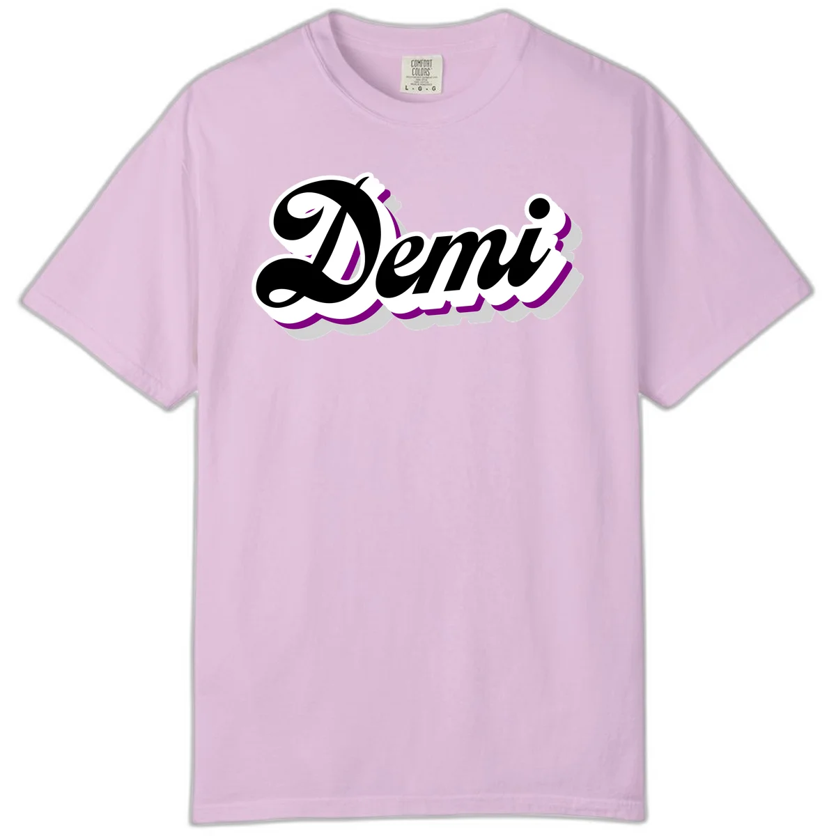 Demi script name design with purple accents and cloud-shaped background layers in Orchid