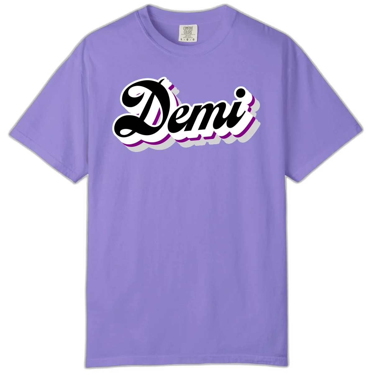 Demi script name design with purple accents and cloud-shaped background layers in Violet