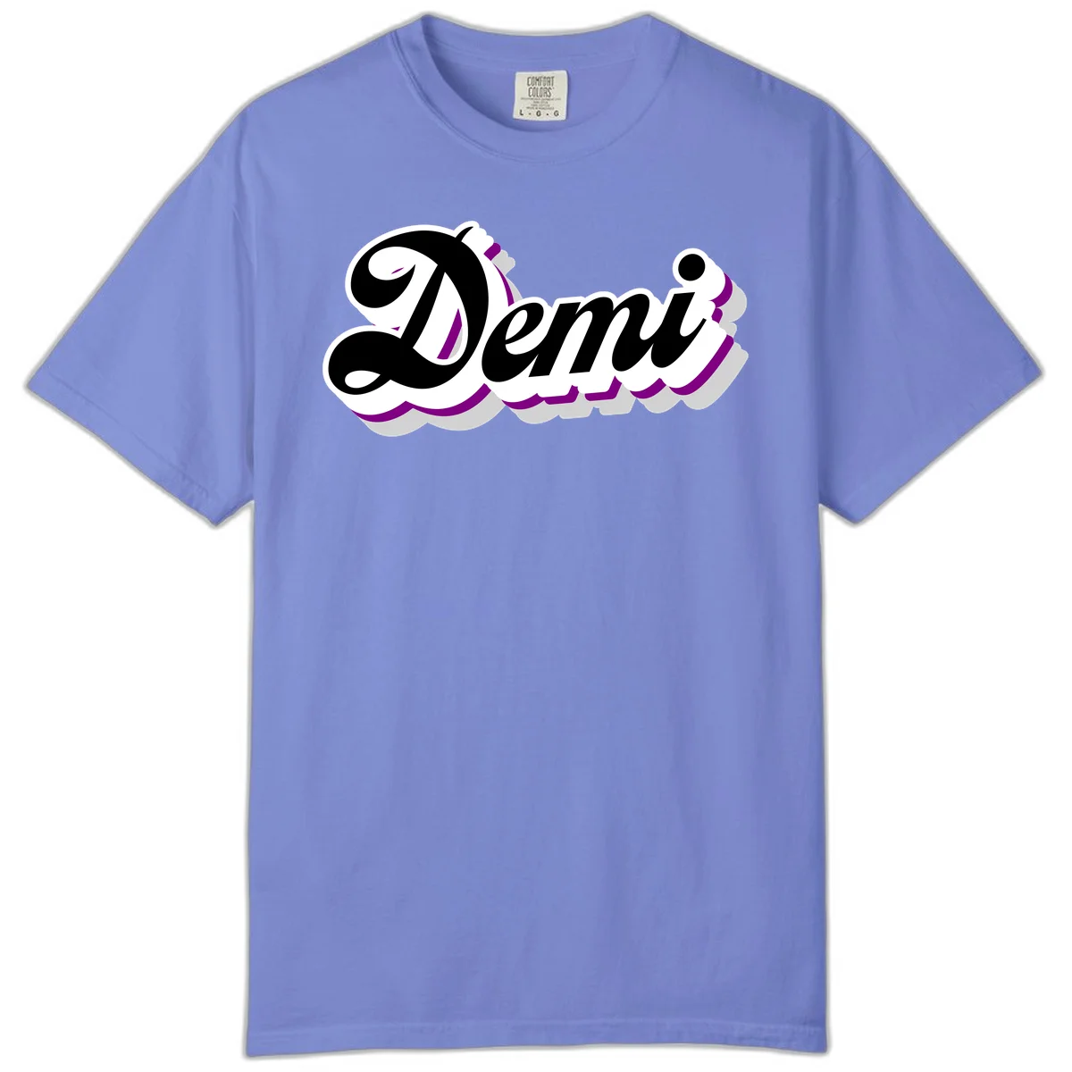 Demi script name design with purple accents and cloud-shaped background layers in Flo Blue