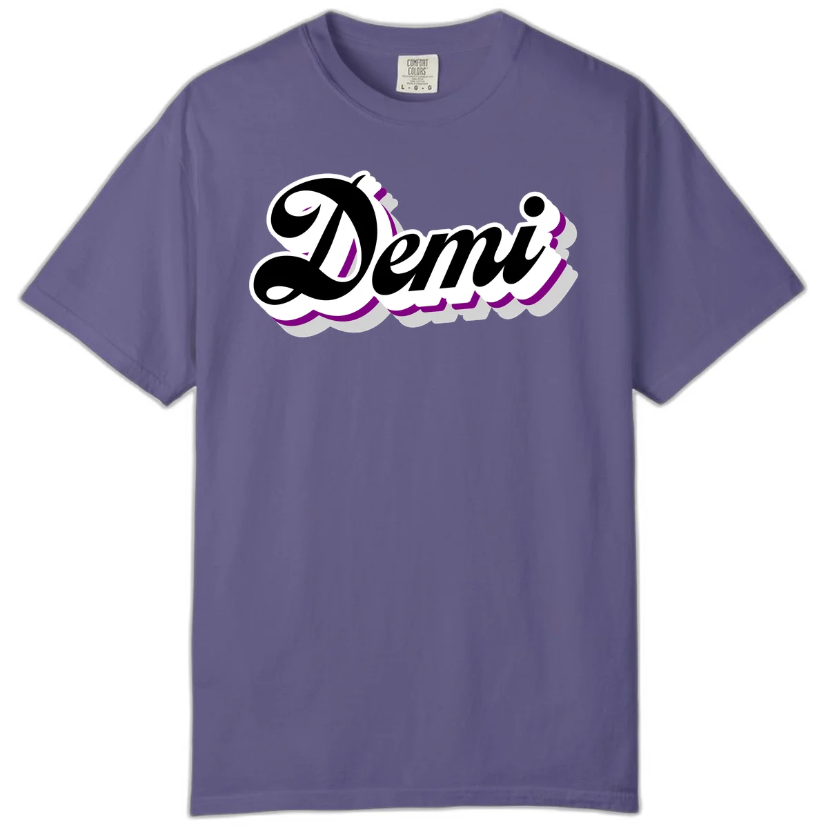 Demi script name design with purple accents and cloud-shaped background layers in Grape