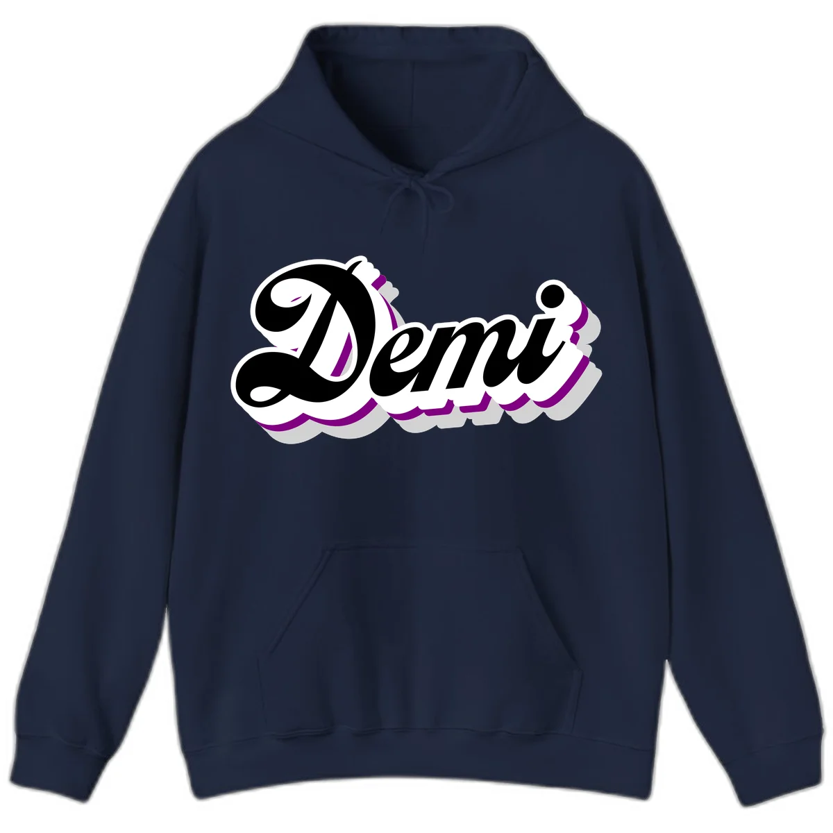 Demi script name design with purple accents and cloud-shaped background layers in Navy