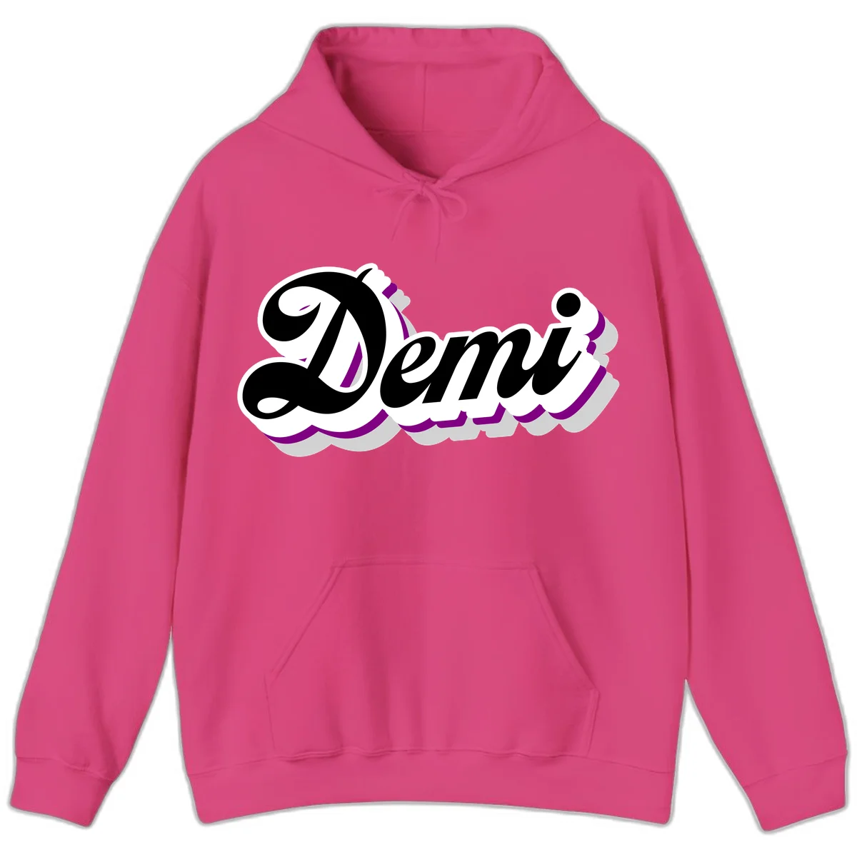 Demi script name design with purple accents and cloud-shaped background layers in Heliconia