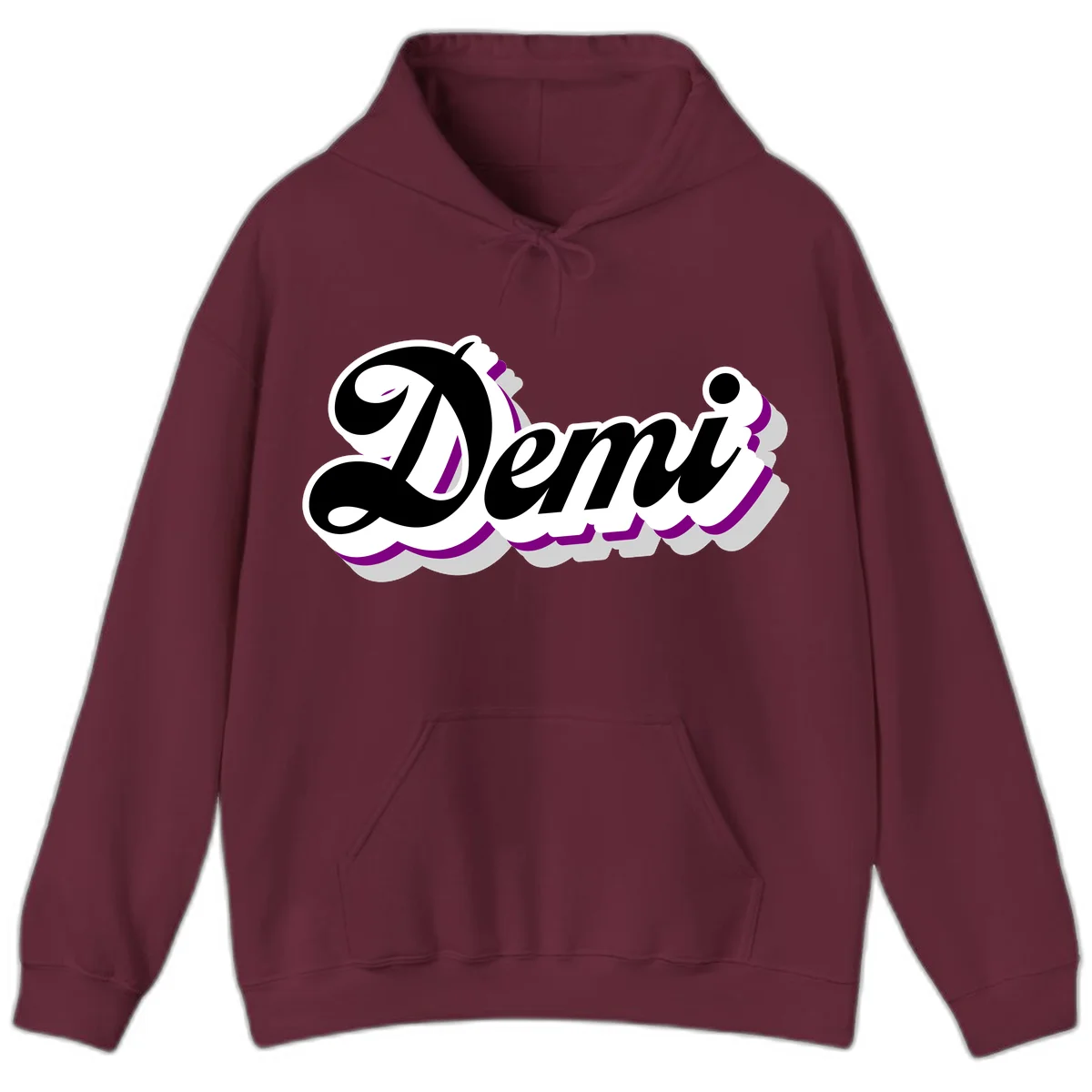 Demi script name design with purple accents and cloud-shaped background layers in Maroon