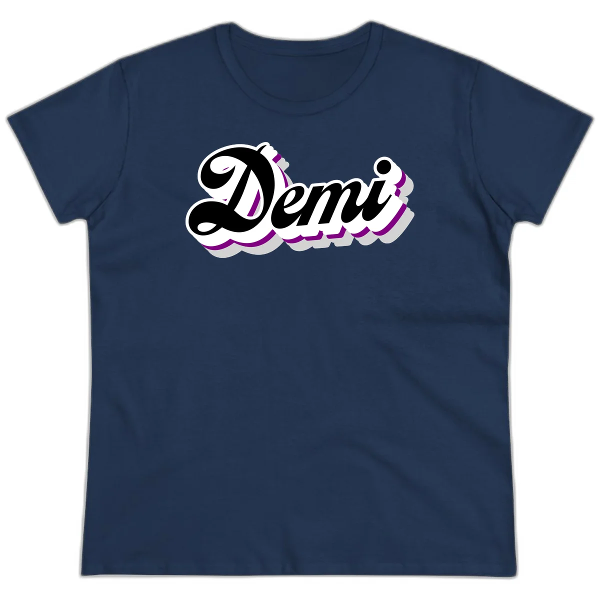 Demi script name design with purple accents and cloud-shaped background layers in Navy
