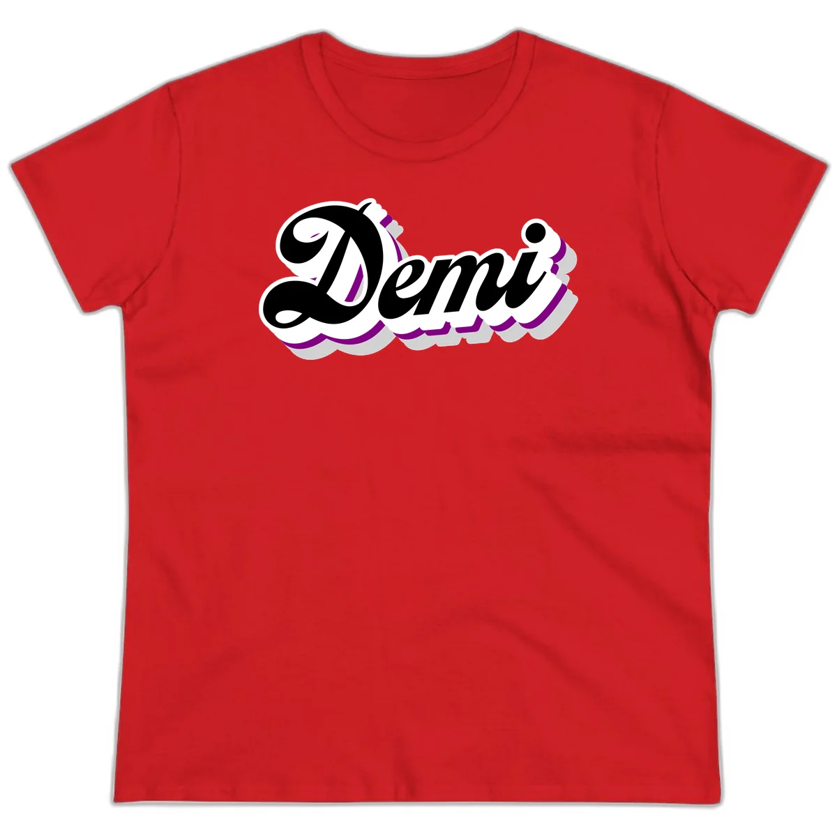Demi script name design with purple accents and cloud-shaped background layers in Red