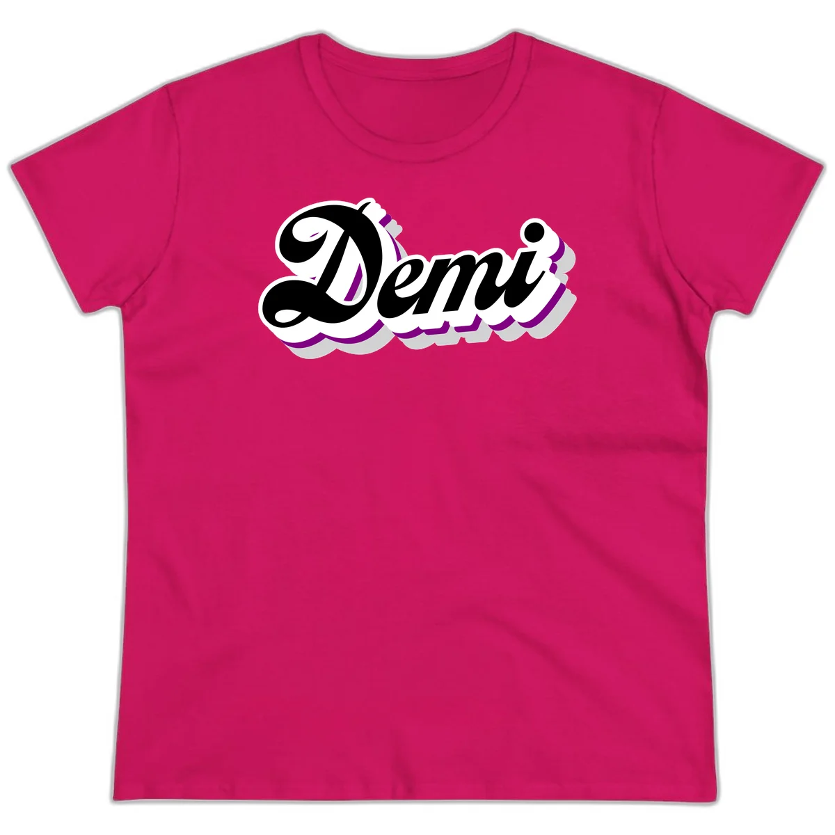 Demi script name design with purple accents and cloud-shaped background layers in Heliconia