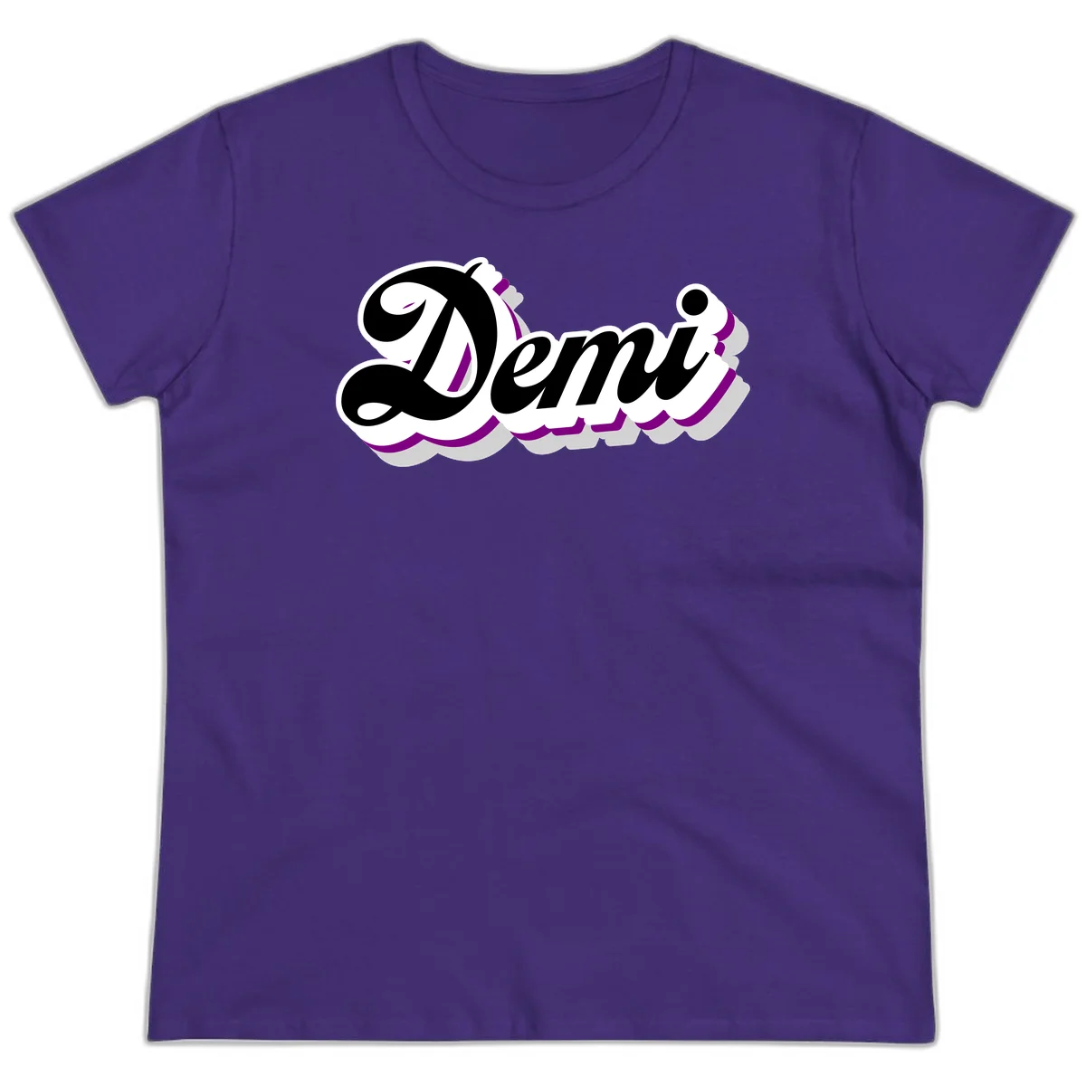 Demi script name design with purple accents and cloud-shaped background layers in Purple