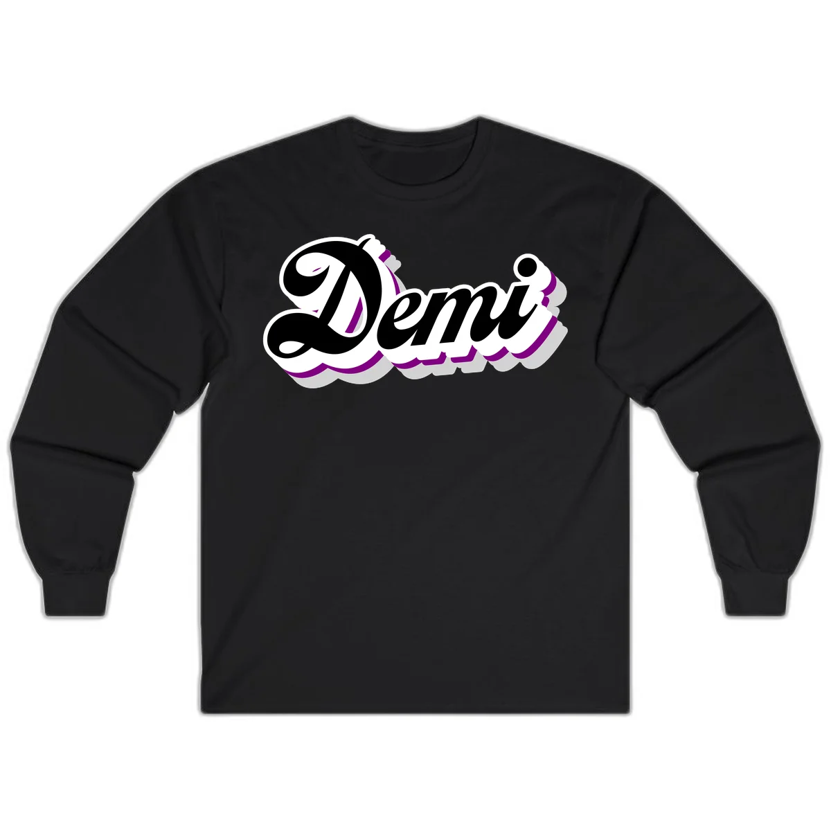 Demi script name design with purple accents and cloud-shaped background layers in Black