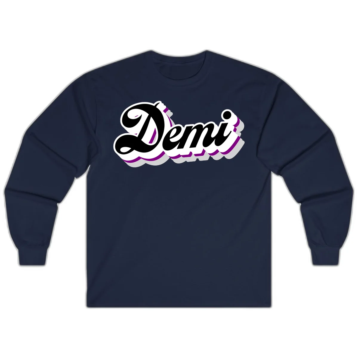 Demi script name design with purple accents and cloud-shaped background layers in Navy