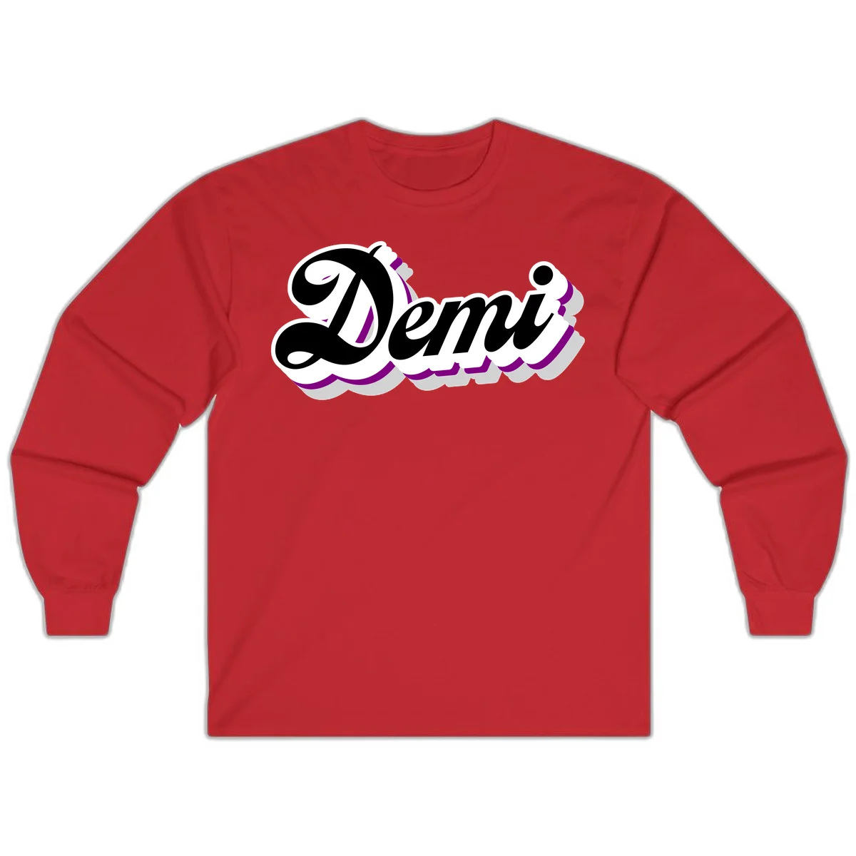 Demi script name design with purple accents and cloud-shaped background layers in Red