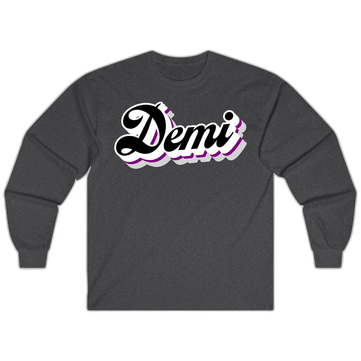 Demi script name design with purple accents and cloud-shaped background layers in Dark Heather