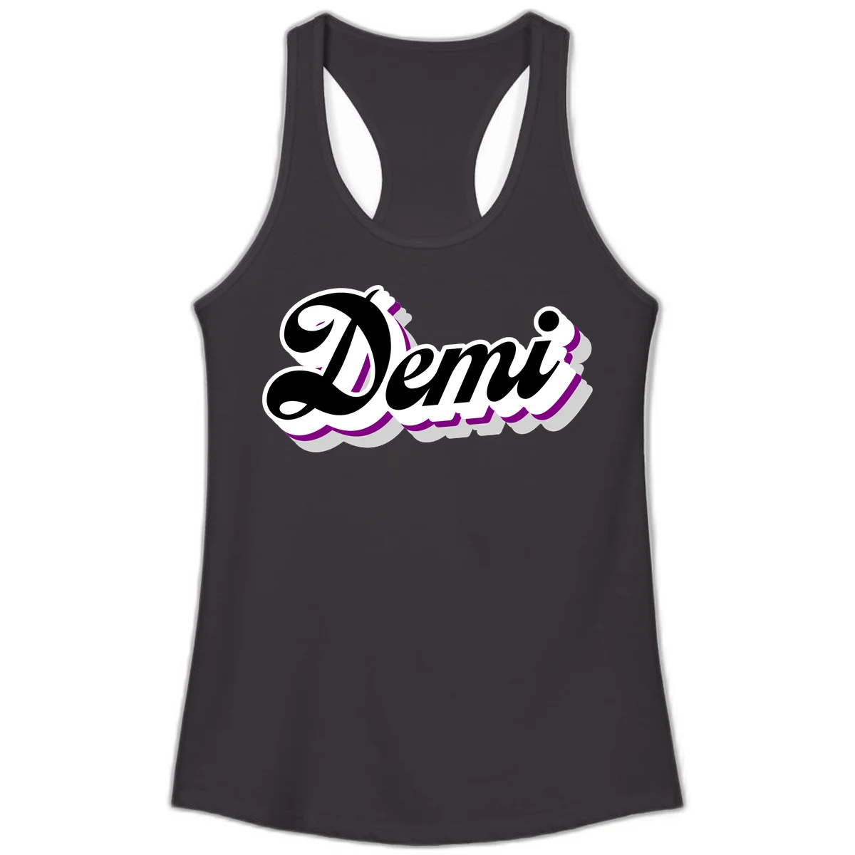 Demi script name design with purple accents and cloud-shaped background layers in Black