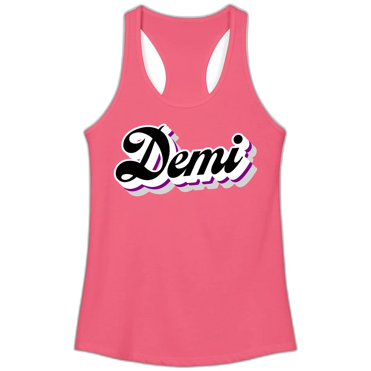Demi script name design with purple accents and cloud-shaped background layers in Hot Pink