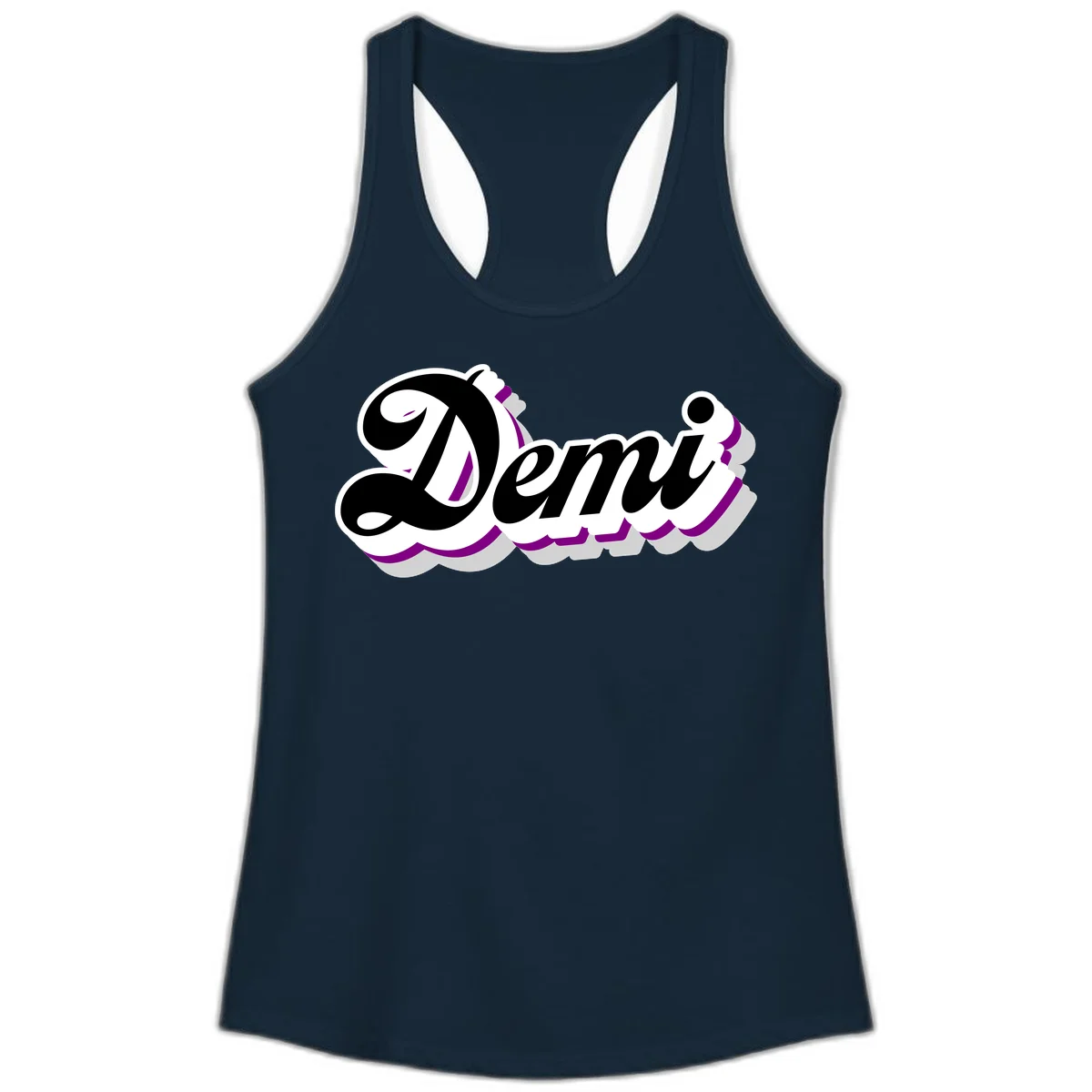Demi script name design with purple accents and cloud-shaped background layers in Solid Midnight Navy