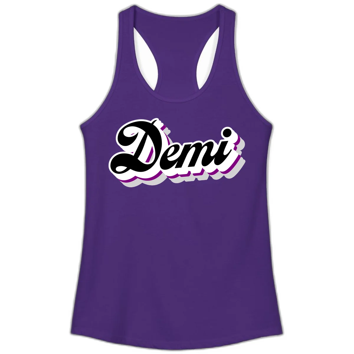 Demi script name design with purple accents and cloud-shaped background layers in Solid Purple Rush