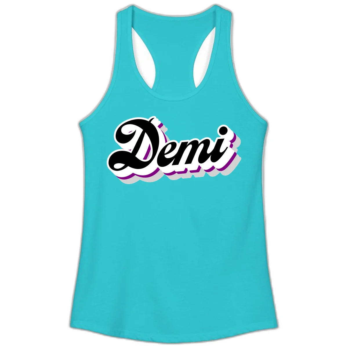 Demi script name design with purple accents and cloud-shaped background layers in Solid Tahiti Blue