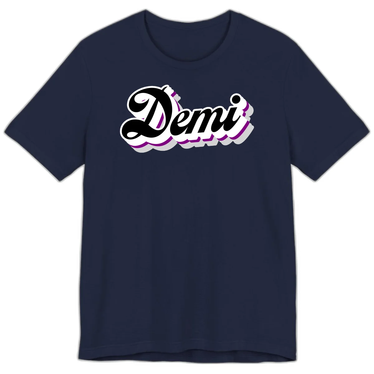 Demi script name design with purple accents and cloud-shaped background layers in Navy