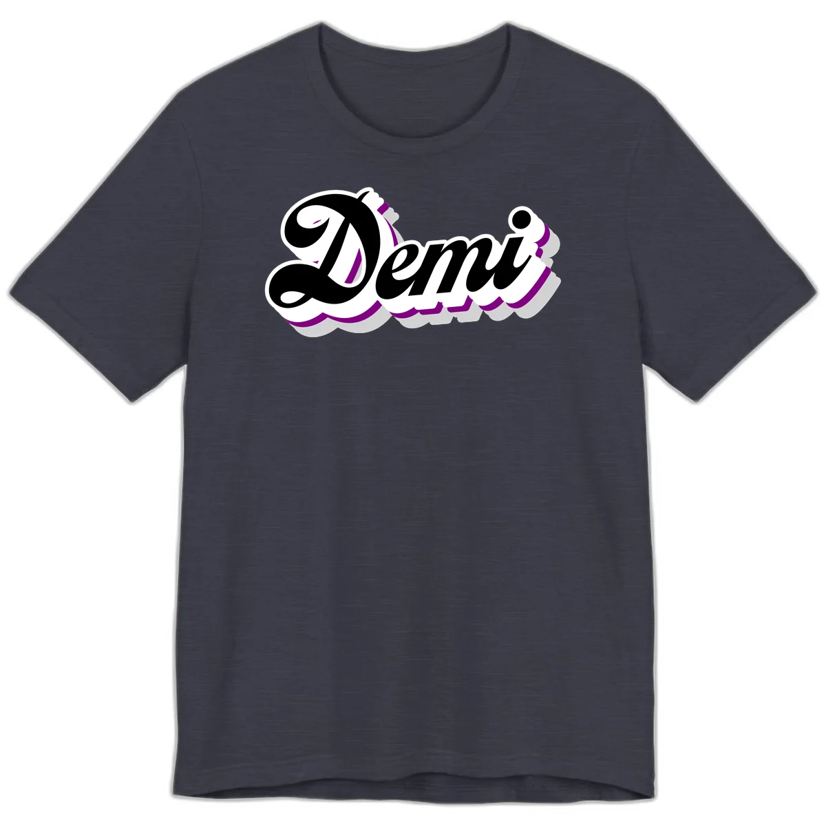 Demi script name design with purple accents and cloud-shaped background layers in Heather Midnight Navy