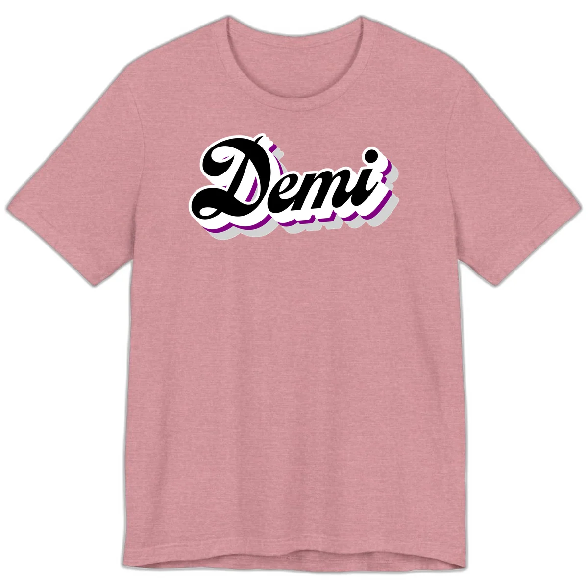 Demi script name design with purple accents and cloud-shaped background layers in Heather Orchid