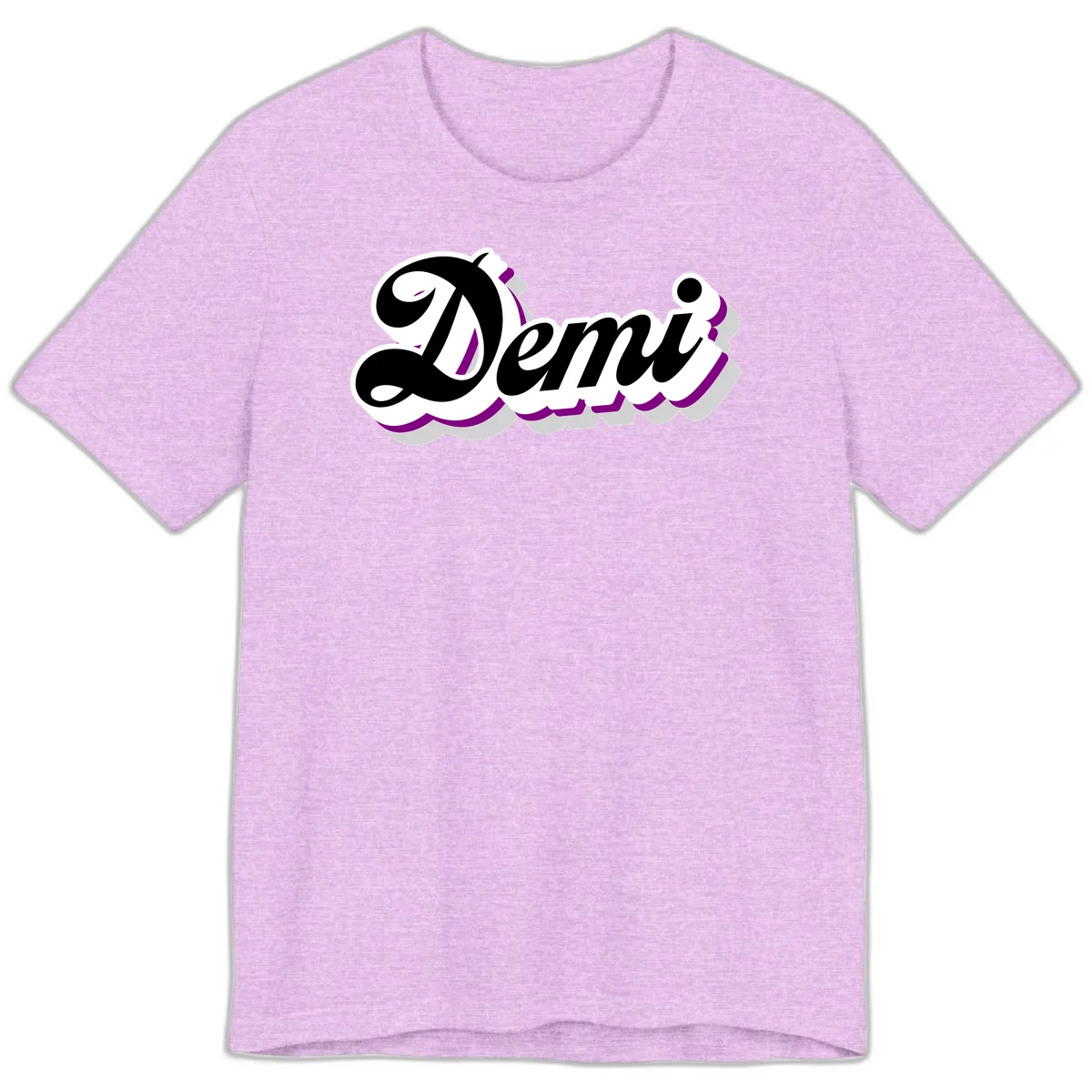 Demi script name design with purple accents and cloud-shaped background layers in Heather Prism Lilac