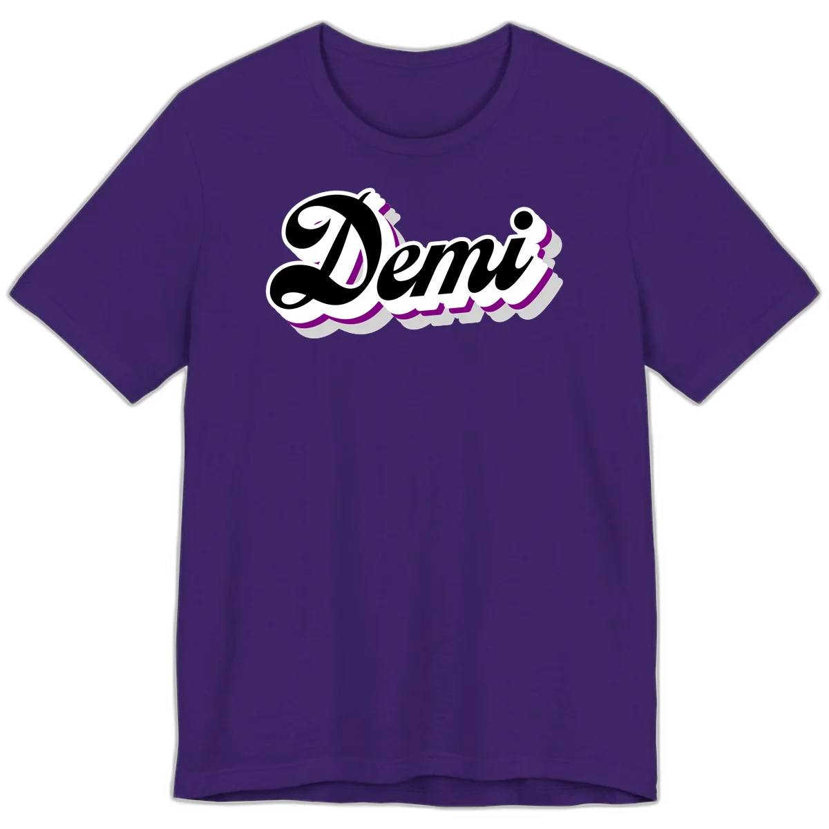 Demi script name design with purple accents and cloud-shaped background layers in Team Purple