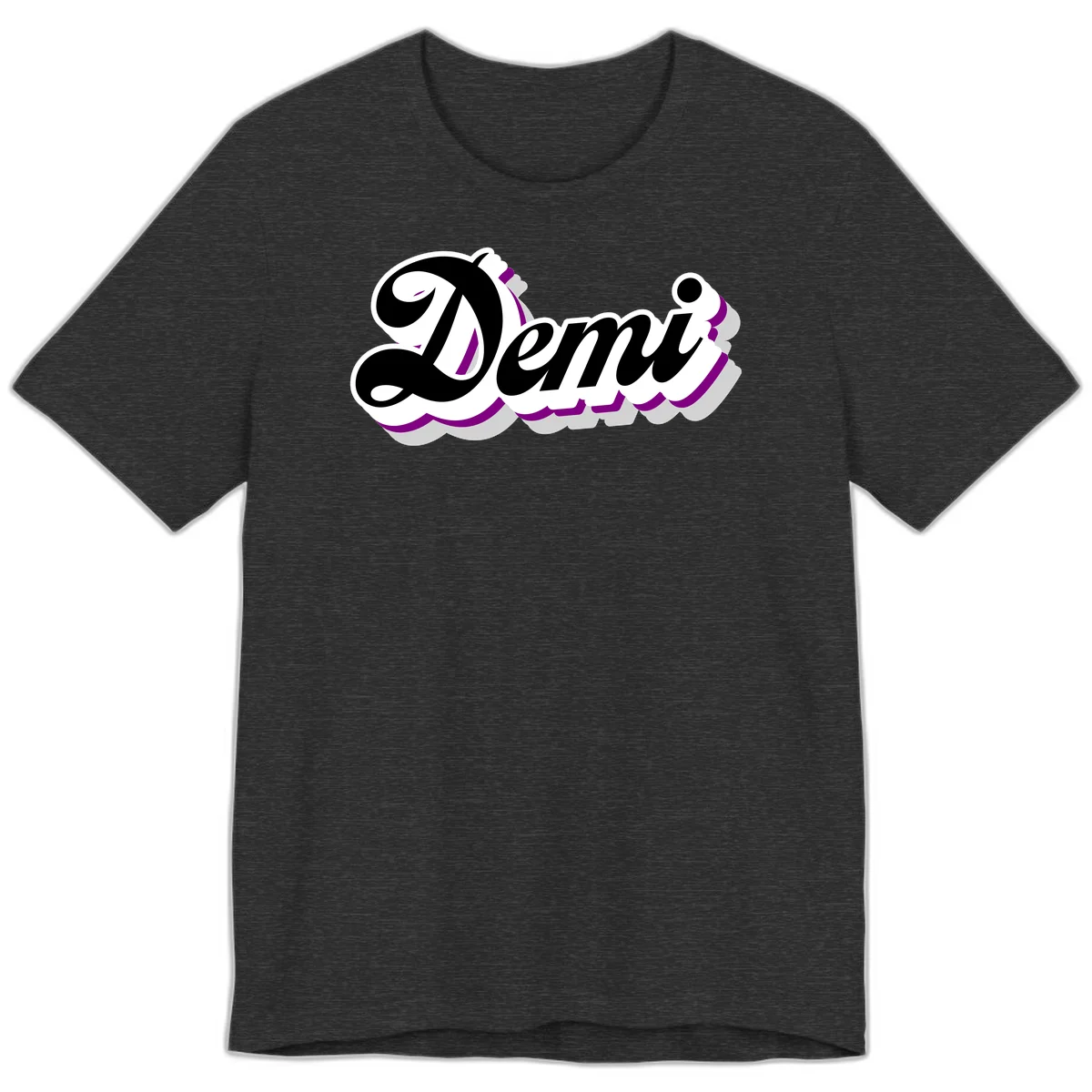 Demi script name design with purple accents and cloud-shaped background layers in Dark Grey Heather