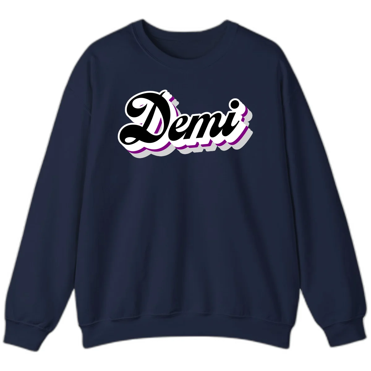 Demi script name design with purple accents and cloud-shaped background layers in Navy