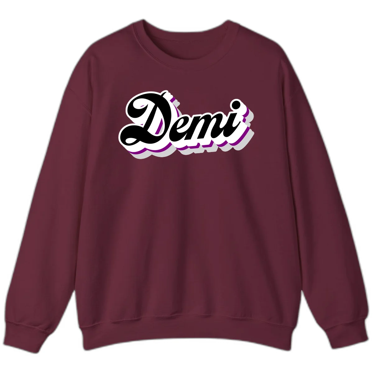 Demi script name design with purple accents and cloud-shaped background layers in Maroon