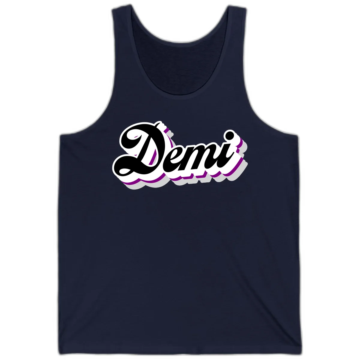 Demi script name design with purple accents and cloud-shaped background layers in Navy