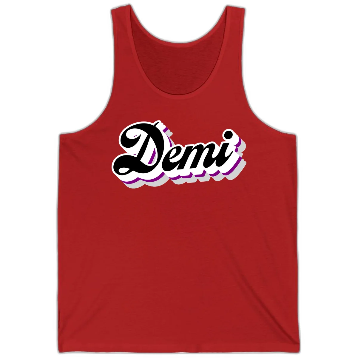 Demi script name design with purple accents and cloud-shaped background layers in Red