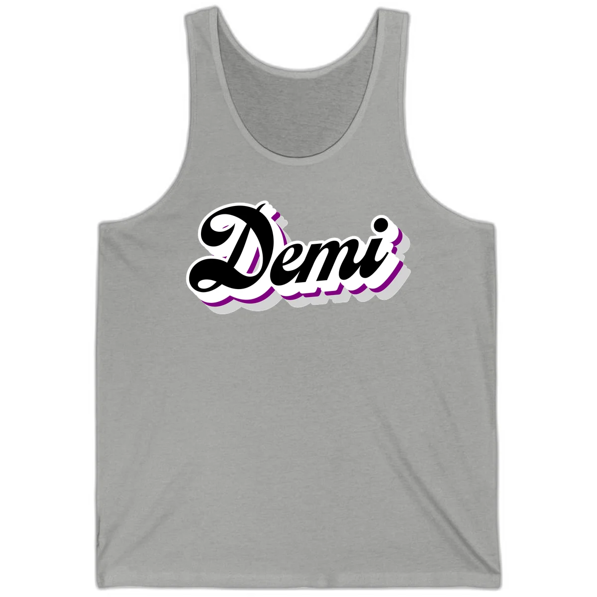 Demi script name design with purple accents and cloud-shaped background layers in Athletic Heather