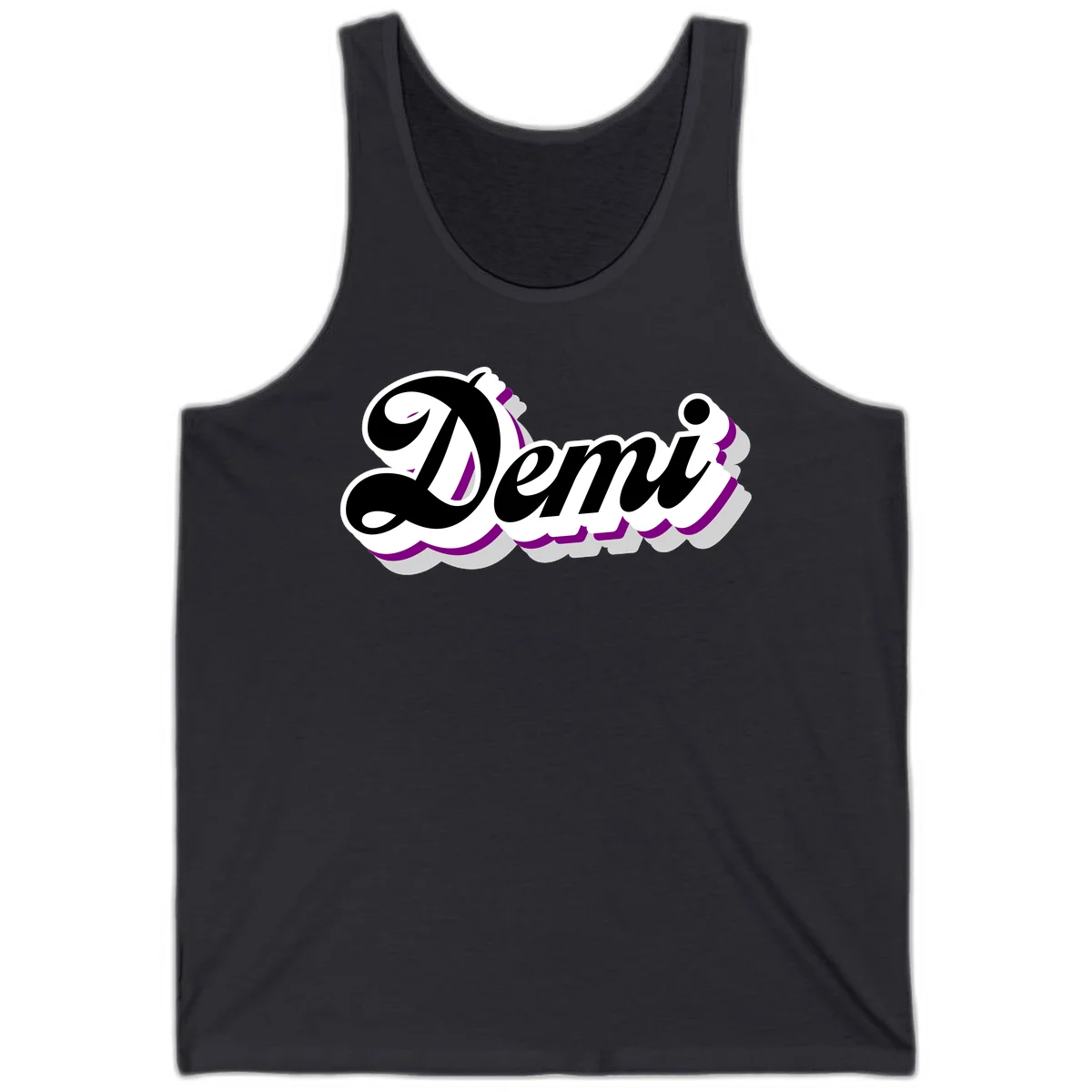 Demi script name design with purple accents and cloud-shaped background layers in Dark Grey