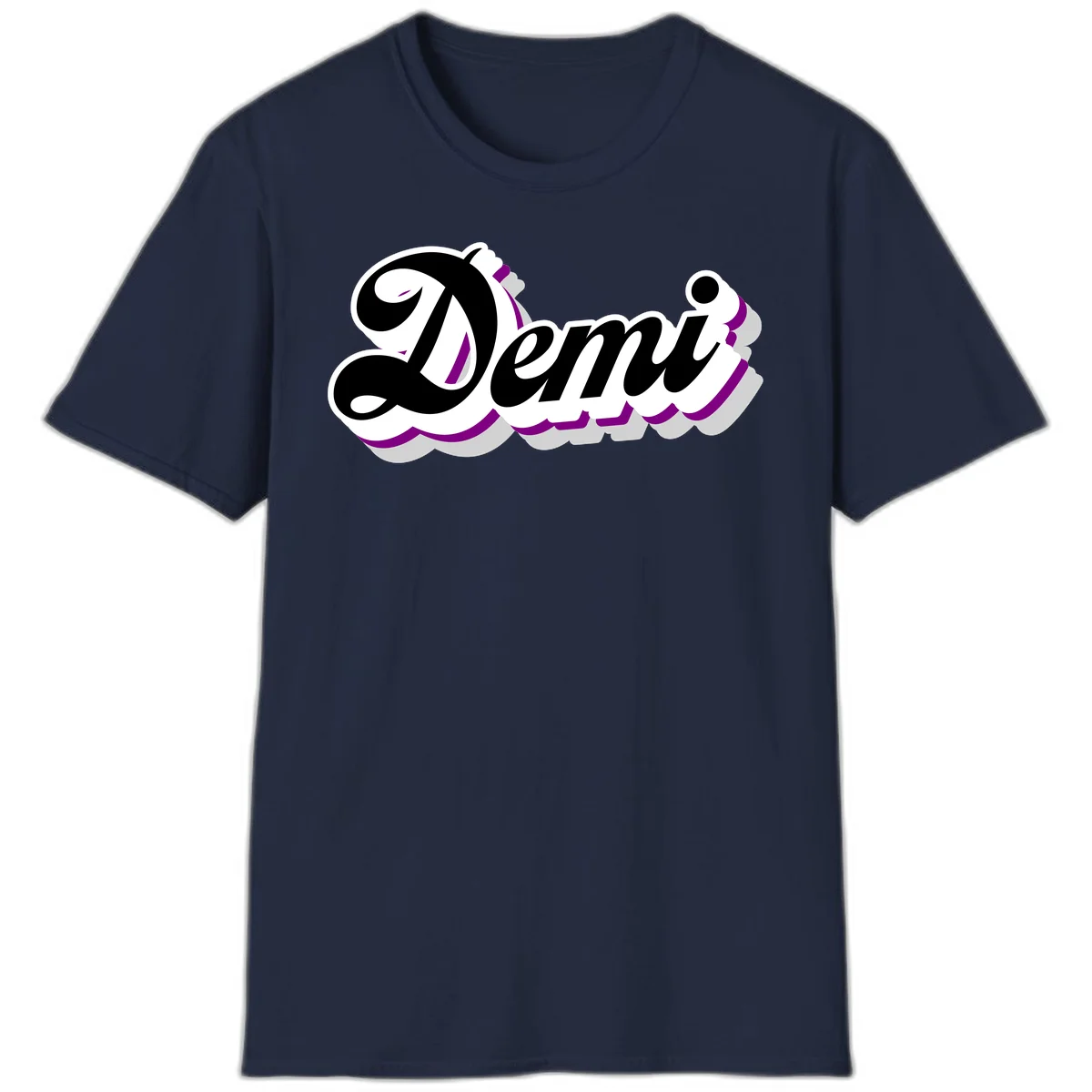 Demi script name design with purple accents and cloud-shaped background layers in Navy