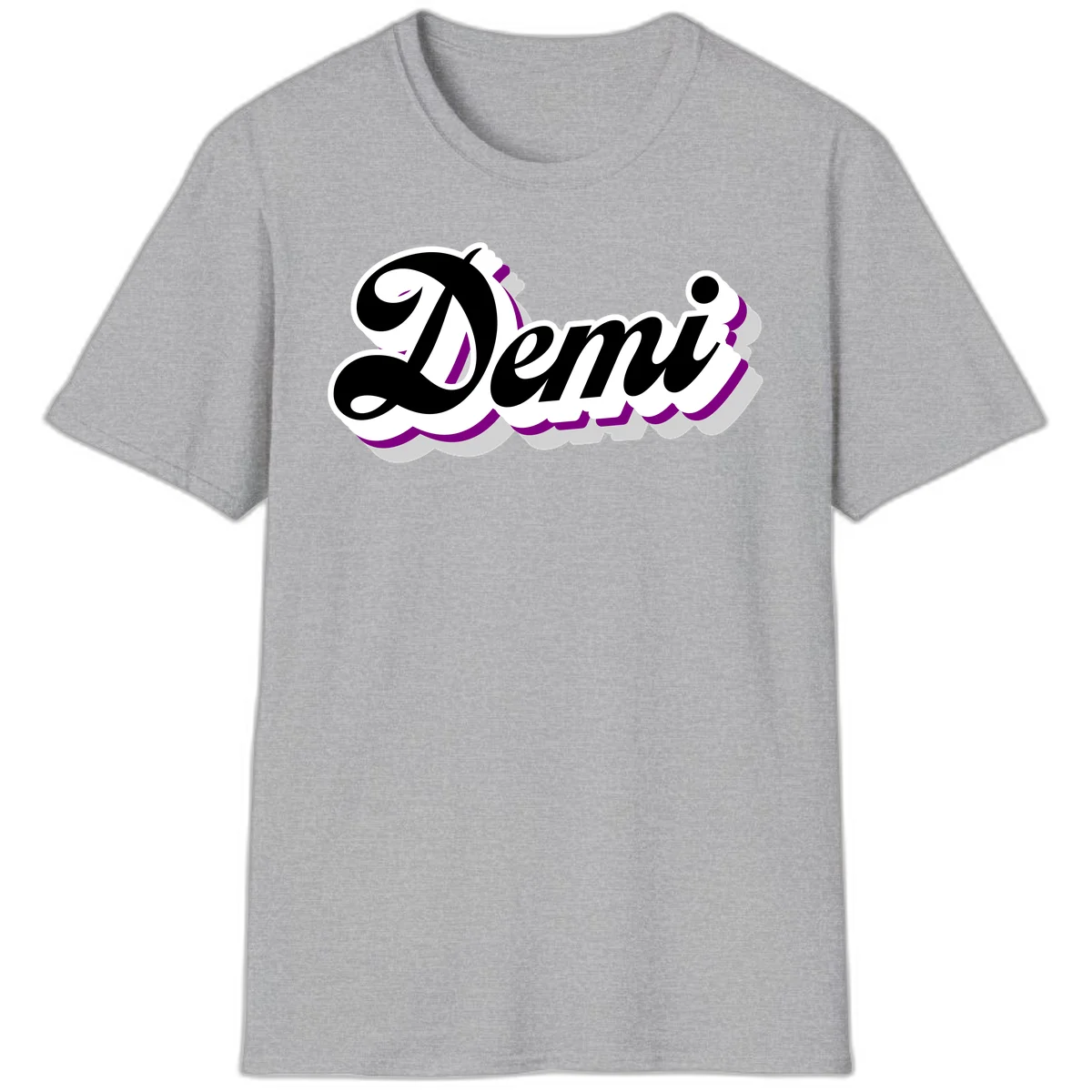 Demi script name design with purple accents and cloud-shaped background layers in Sport Grey