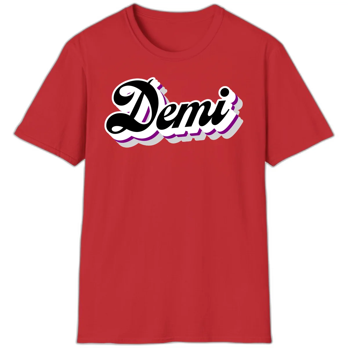 Demi script name design with purple accents and cloud-shaped background layers in Red