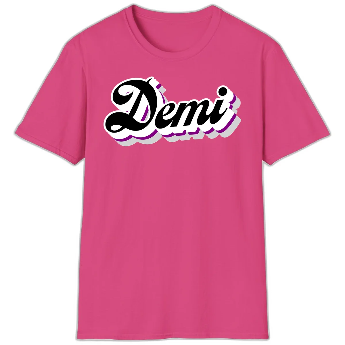 Demi script name design with purple accents and cloud-shaped background layers in Heliconia