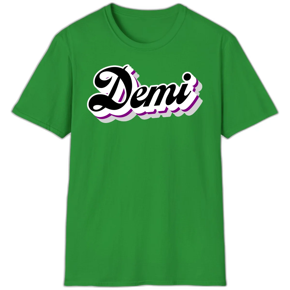 Demi script name design with purple accents and cloud-shaped background layers in Irish Green