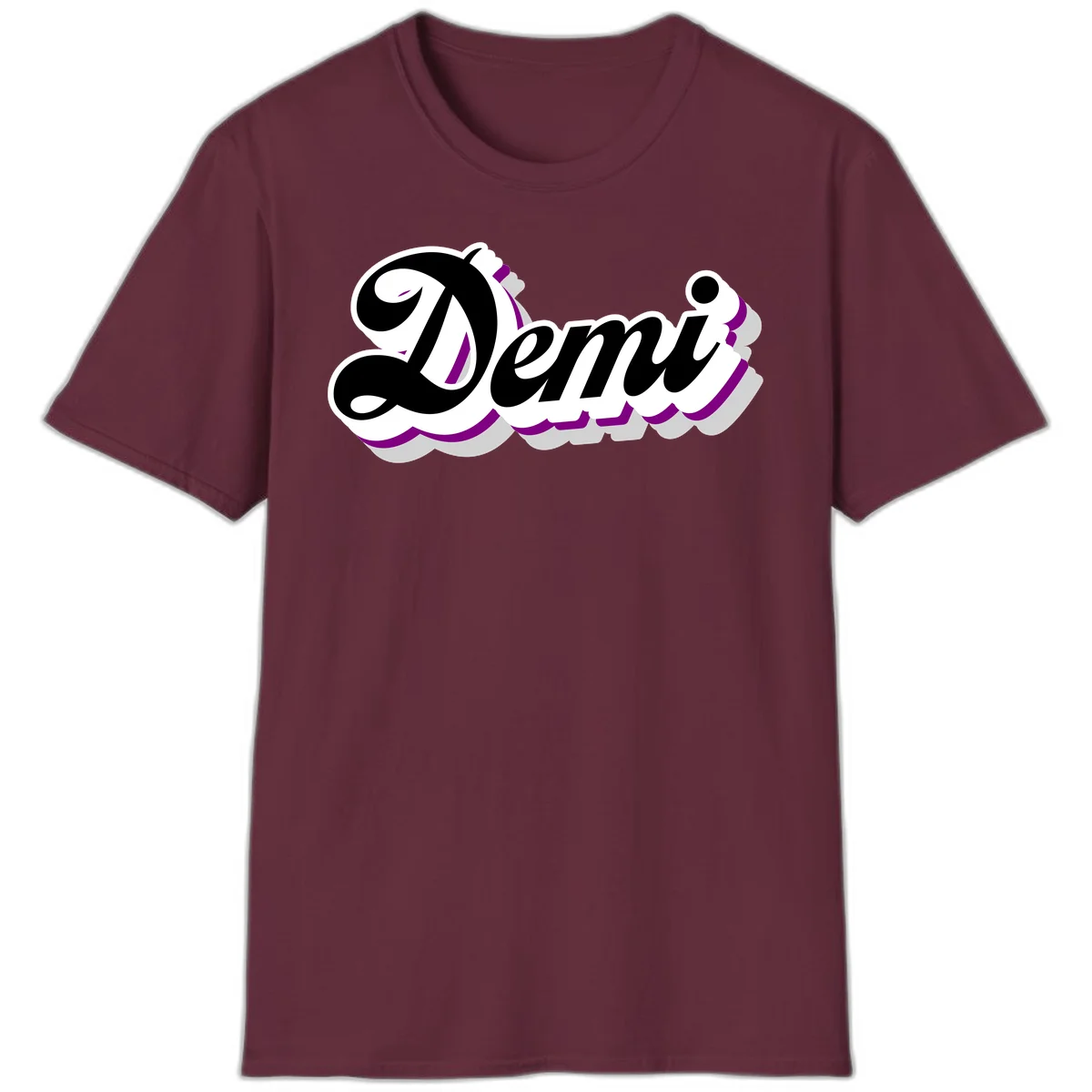 Demi script name design with purple accents and cloud-shaped background layers in Maroon