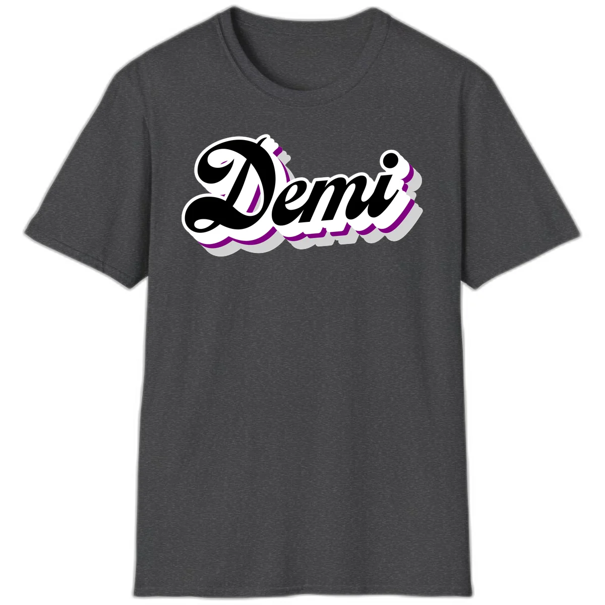 Demi script name design with purple accents and cloud-shaped background layers in Dark Heather