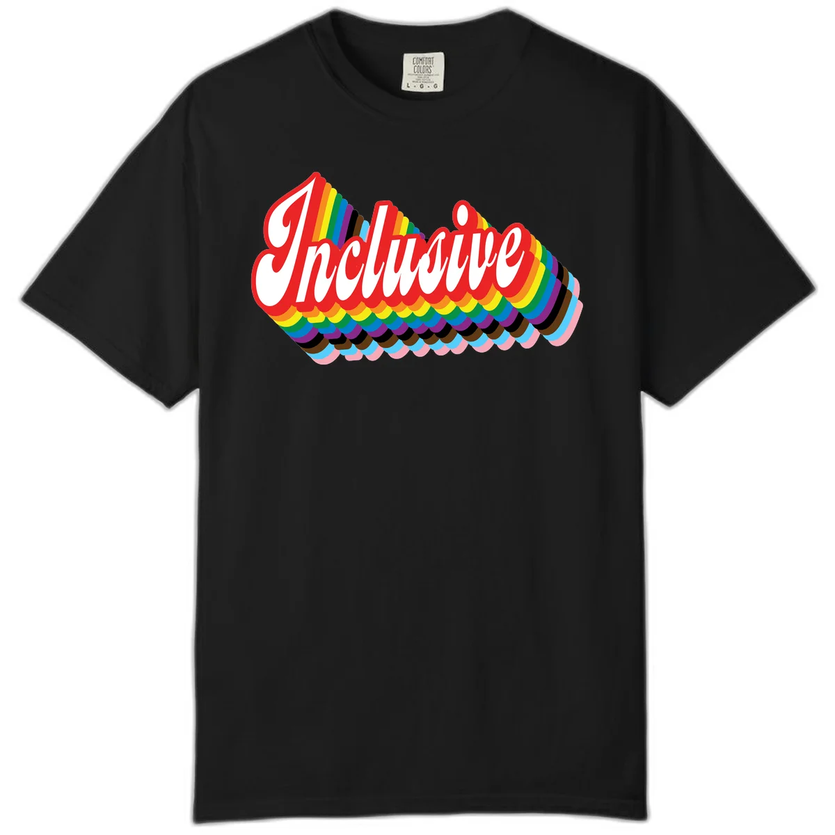 Inclusive pride rainbow design with bold red 3D lettering and layered rainbow wave stripes in full spectrum colors in Black