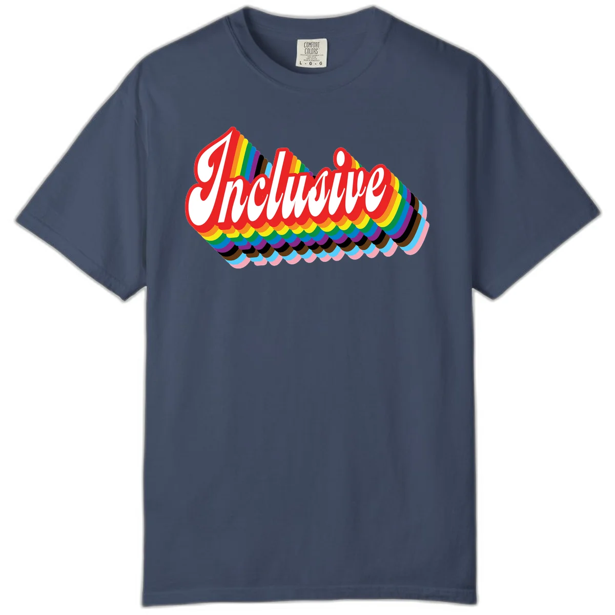 Inclusive pride rainbow design with bold red 3D lettering and layered rainbow wave stripes in full spectrum colors in Midnight
